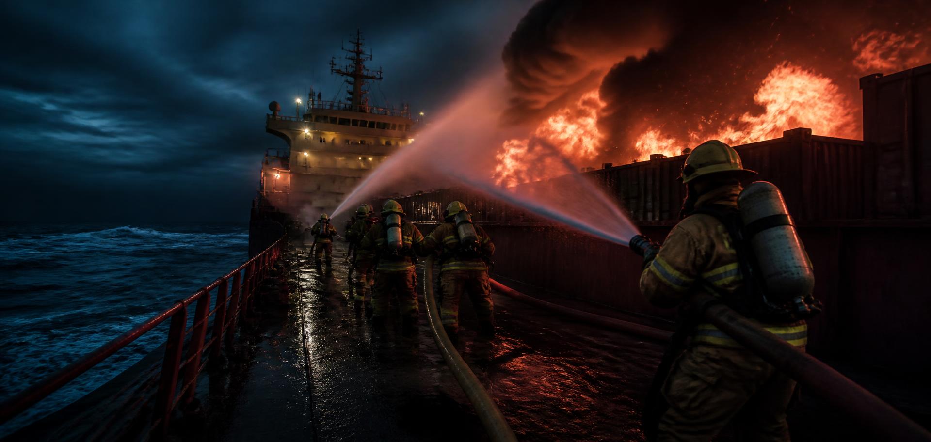 Maritime firefighting team advancing a hose line on a vessel deck at dusk